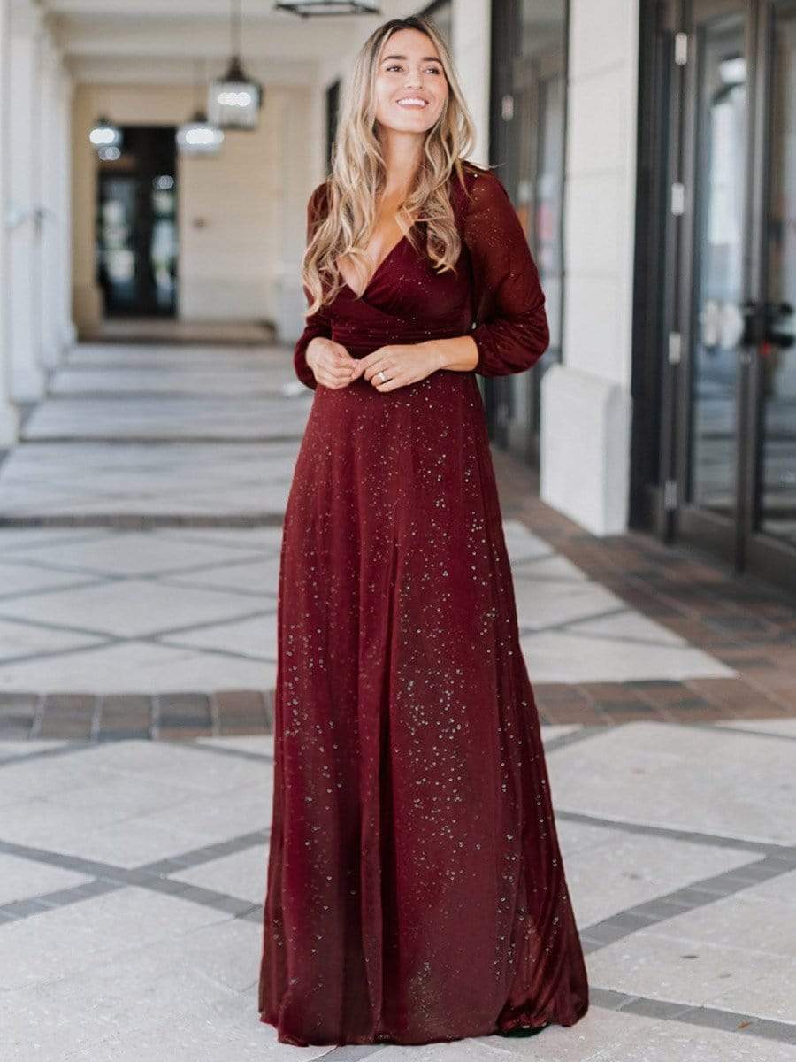 Elegant V-Neck Sparkling Evening Gown With Long Sleeves