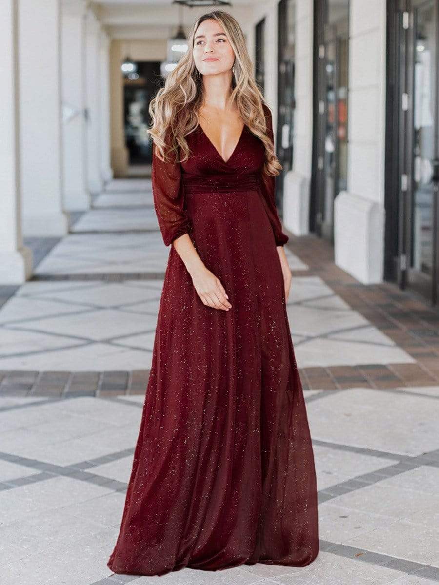 Elegant V-Neck Sparkling Evening Gown With Long Sleeves