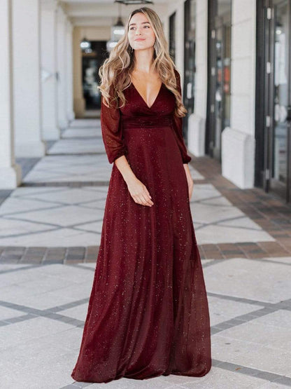 Elegant V-Neck Sparkling Evening Gown With Long Sleeves