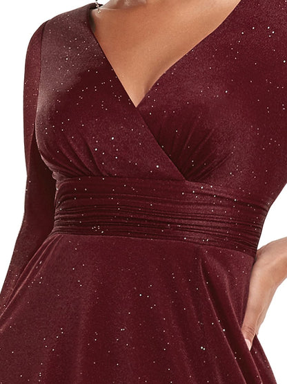 Elegant V-Neck Sparkling Evening Gown With Long Sleeves