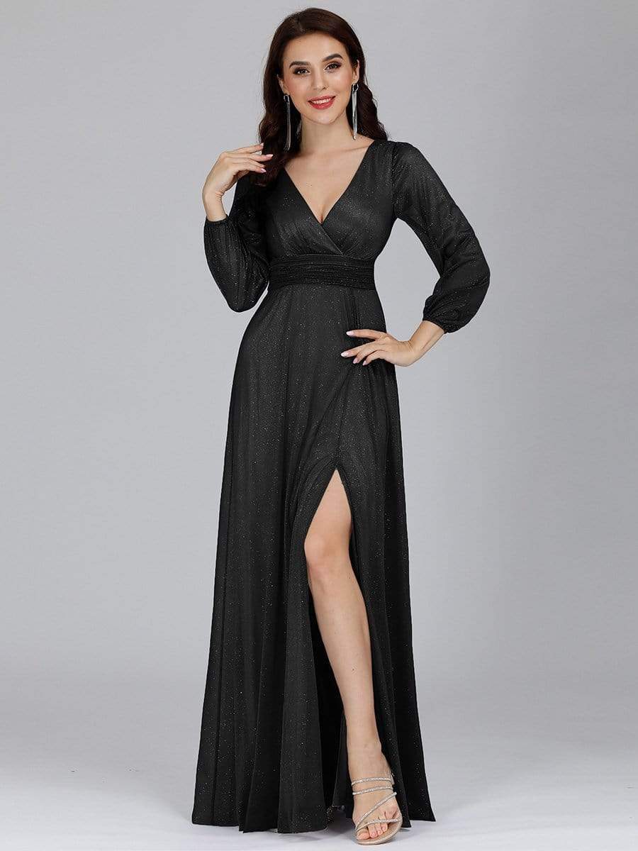 Elegant V-Neck Sparkling Evening Gown With Long Sleeves
