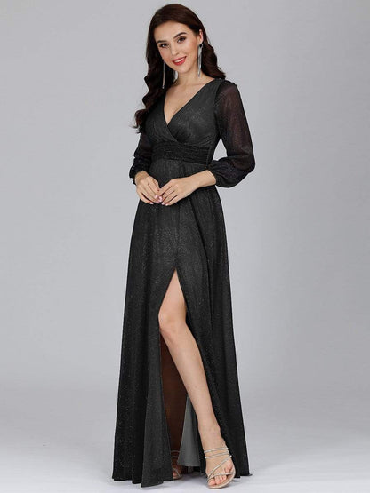 Elegant V-Neck Sparkling Evening Gown With Long Sleeves