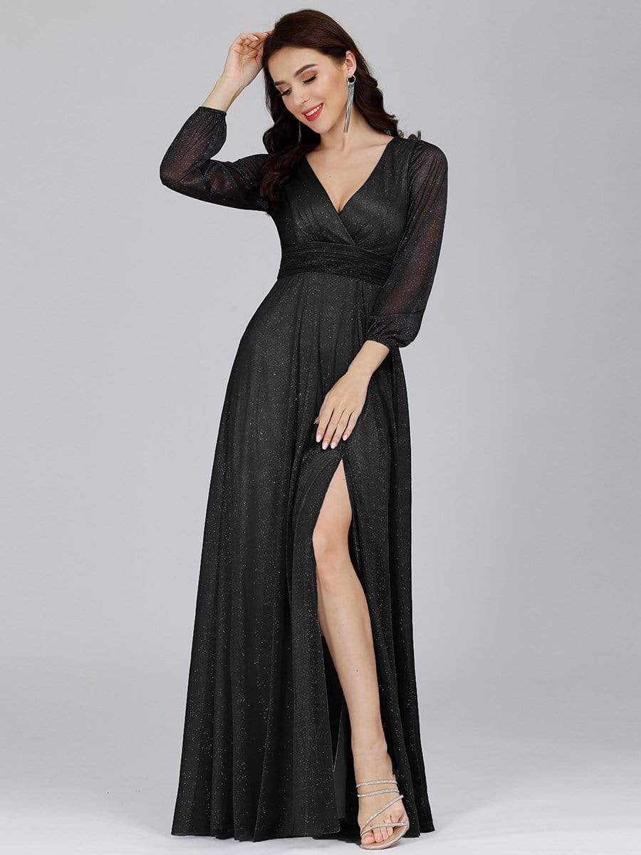 Elegant V-Neck Sparkling Evening Gown With Long Sleeves