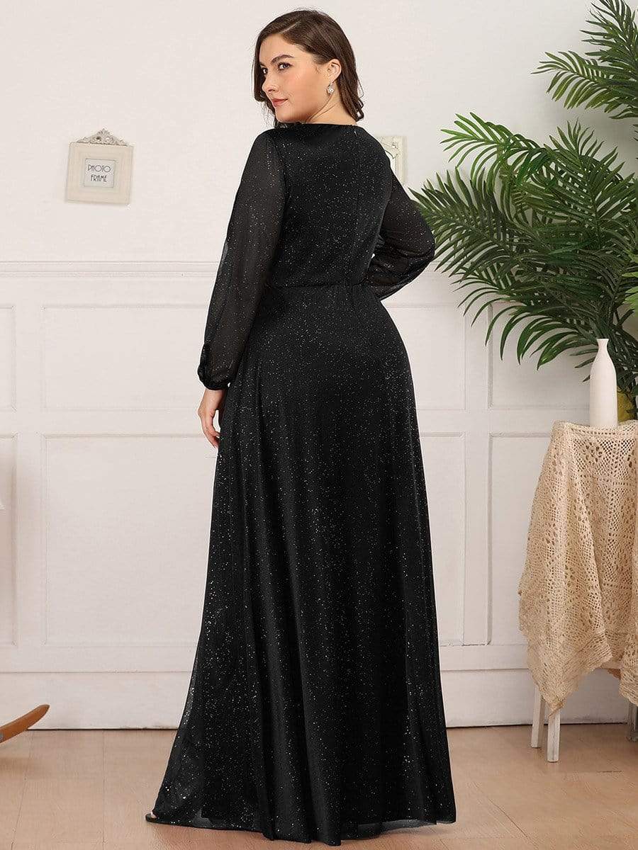 Elegant V-Neck Sparkling Evening Gown With Long Sleeves