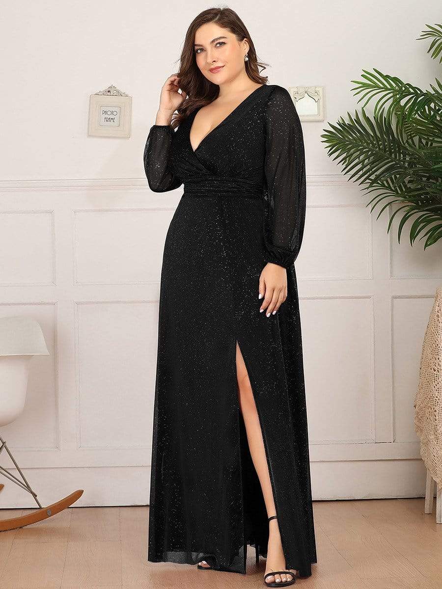 Elegant V-Neck Sparkling Evening Gown With Long Sleeves