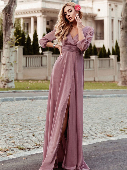 Elegant V-Neck Sparkling Evening Gown With Long Sleeves