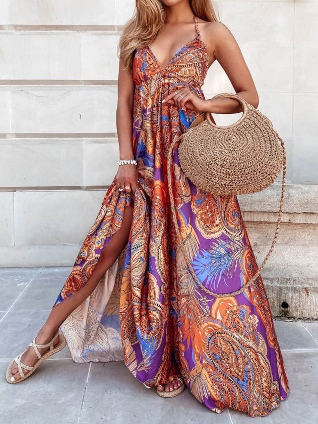 Elegant Vintage Print Swing Dress with V-Neck Sling