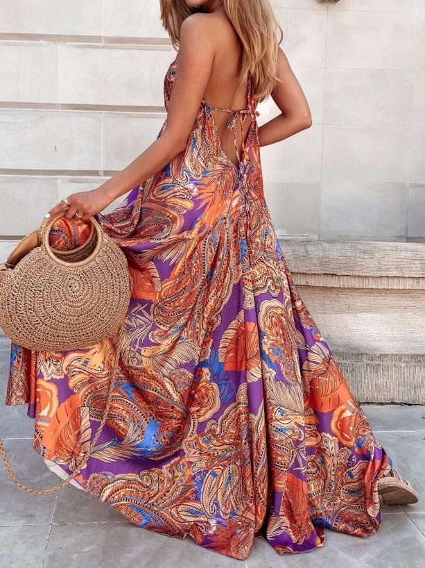 Elegant Vintage Print Swing Dress with V-Neck Sling