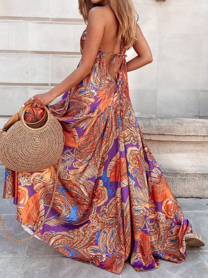 Elegant Vintage Print Swing Dress with V-Neck Sling