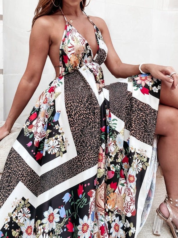 Elegant Vintage Print Swing Dress with V-Neck Sling