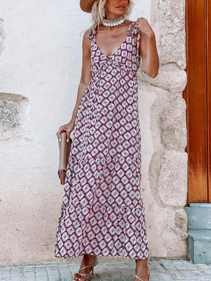 Elegant Western-Inspired Purple Geometric Print Maxi Dress with Adjustable Knot Straps