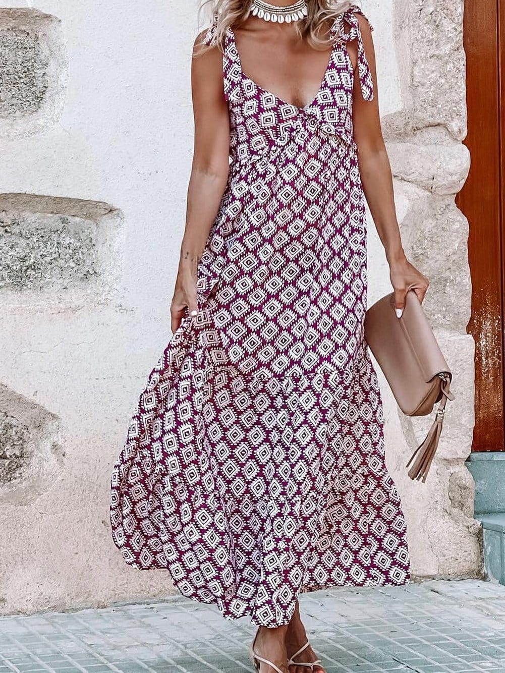 Elegant Western-Inspired Purple Geometric Print Maxi Dress with Adjustable Knot Straps