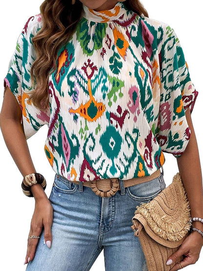 Elegant Western Print High Neck Bat Sleeve Blouse
