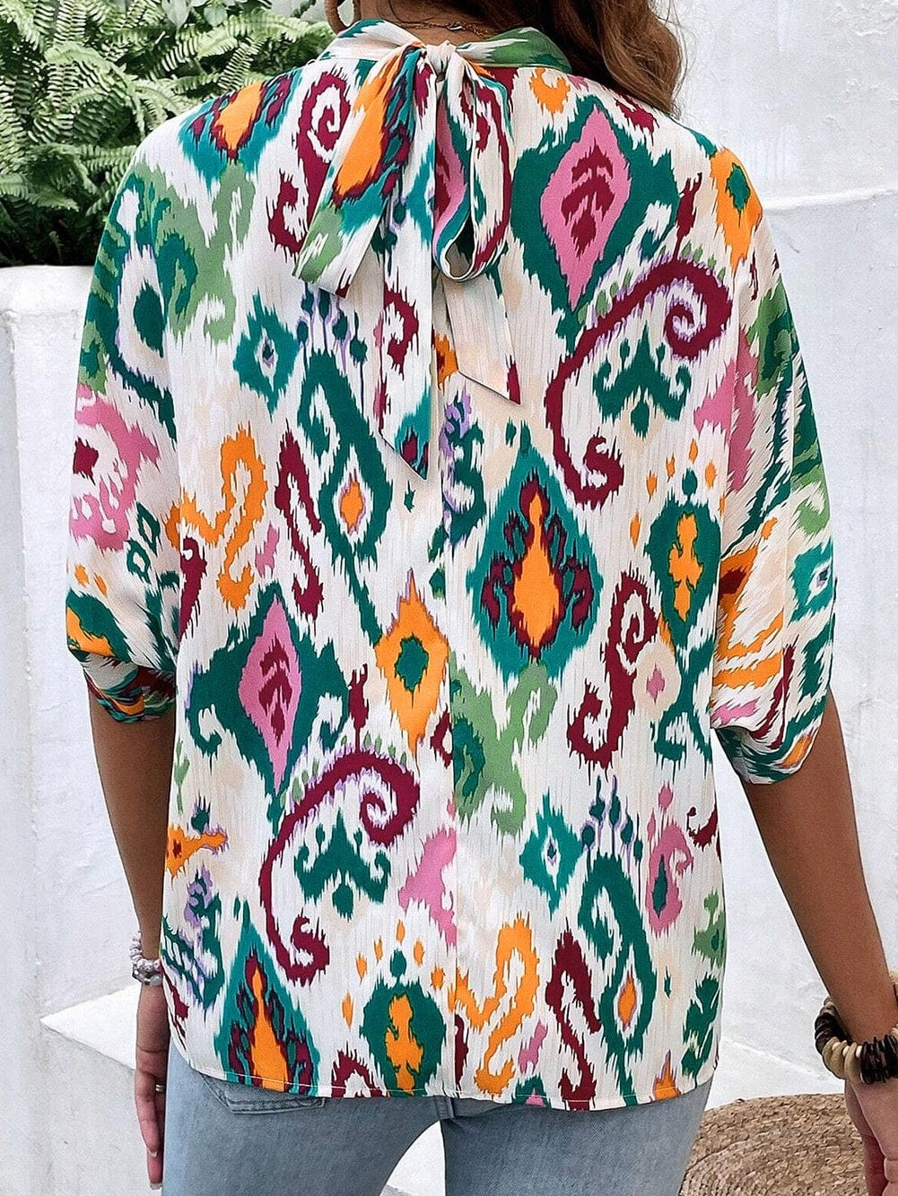 Elegant Western Print High Neck Bat Sleeve Blouse