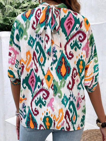 Elegant Western Print High Neck Bat Sleeve Blouse