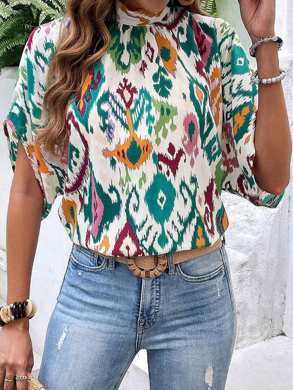 Elegant Western Print High Neck Bat Sleeve Blouse