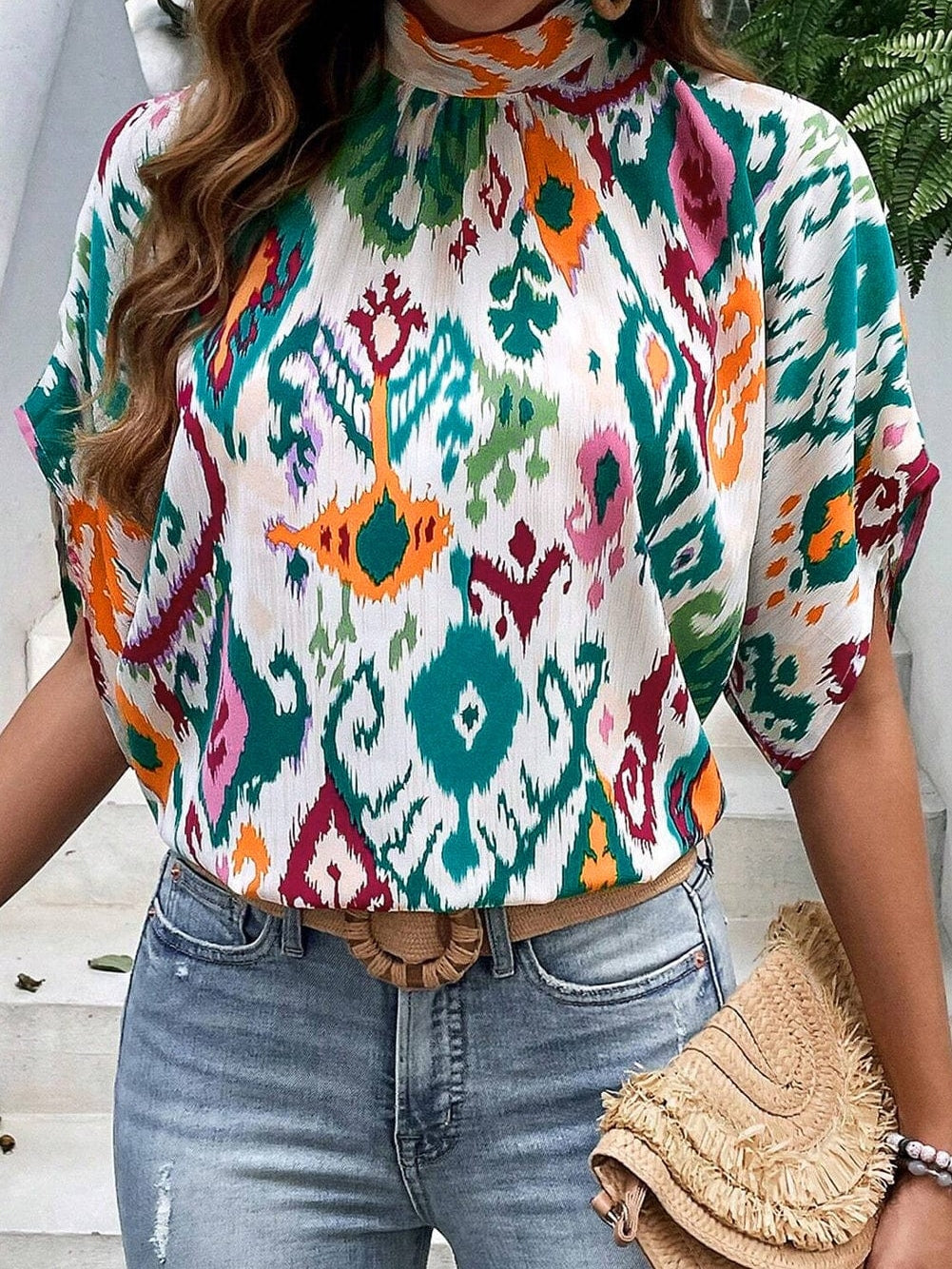 Elegant Western Print High Neck Bat Sleeve Blouse