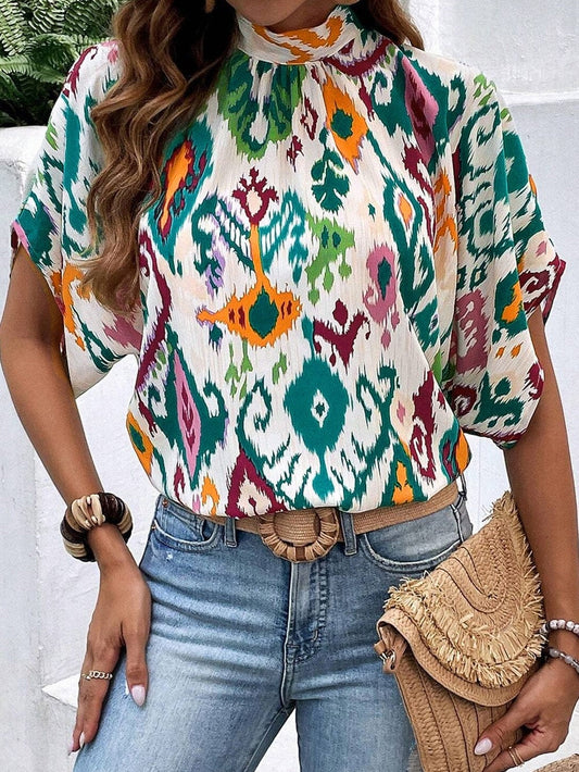 Elegant Western Print High Neck Bat Sleeve Blouse