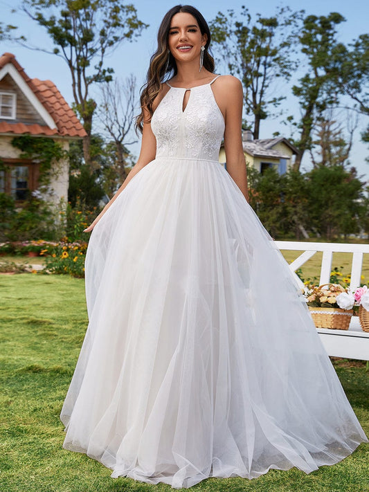 Elegant White Backless Velvet Halter Neckline Wedding Gown