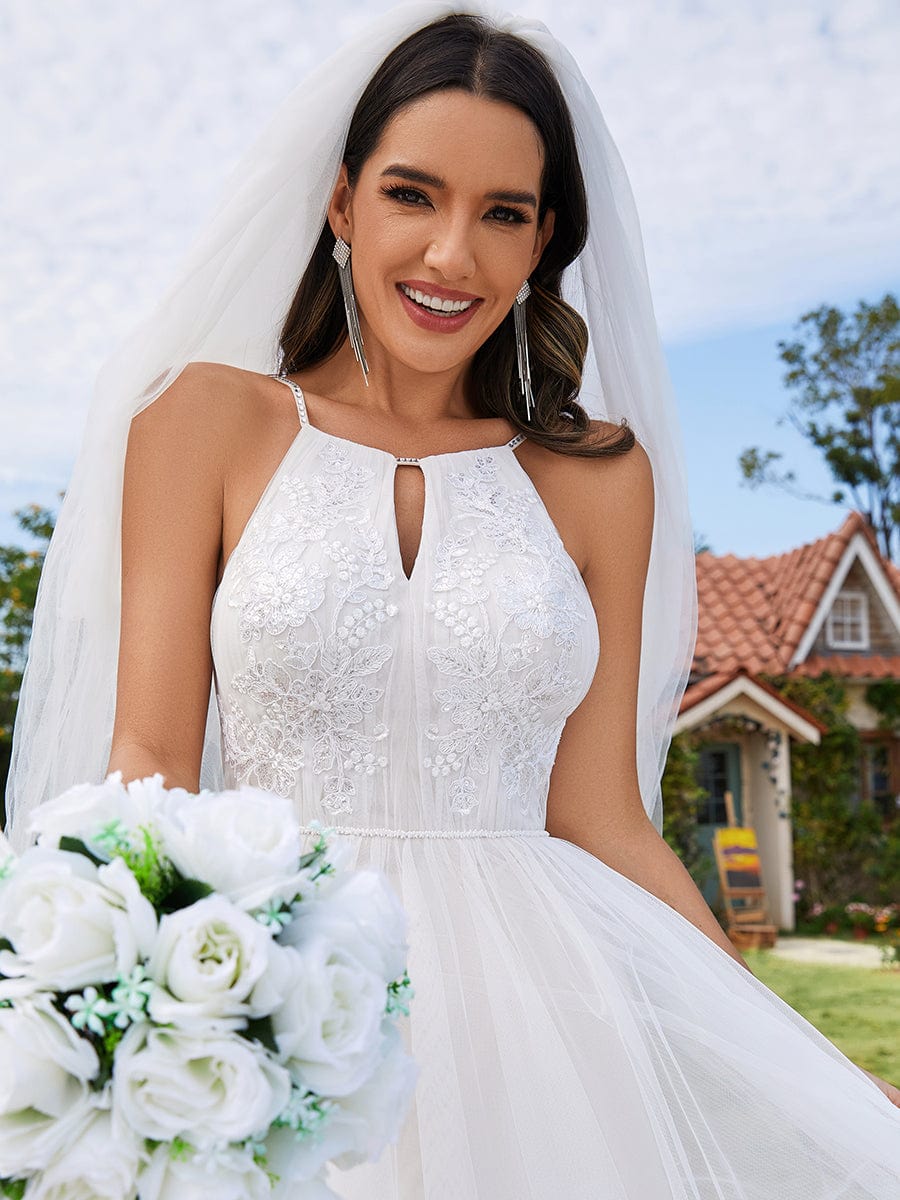 Elegant White Backless Velvet Halter Neckline Wedding Gown