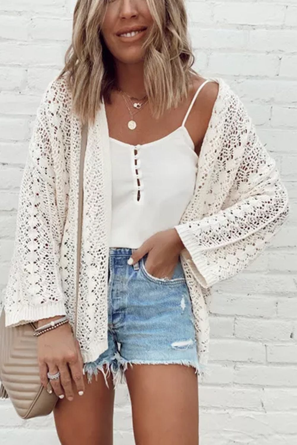Elegant White Crochet Knit Open Front Cardigan