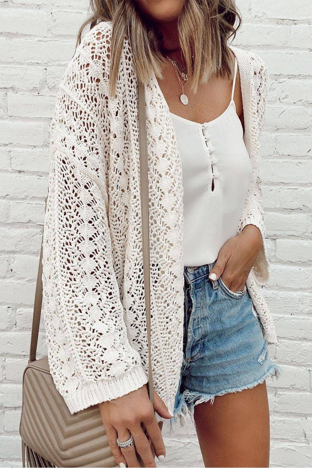 Elegant White Crochet Knit Open Front Cardigan