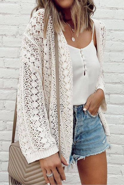 Elegant White Crochet Knit Open Front Cardigan