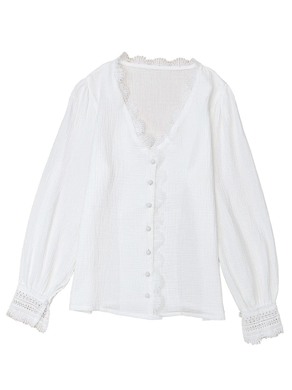 Elegant White Deep V-Neck Lace Trim Blouse
