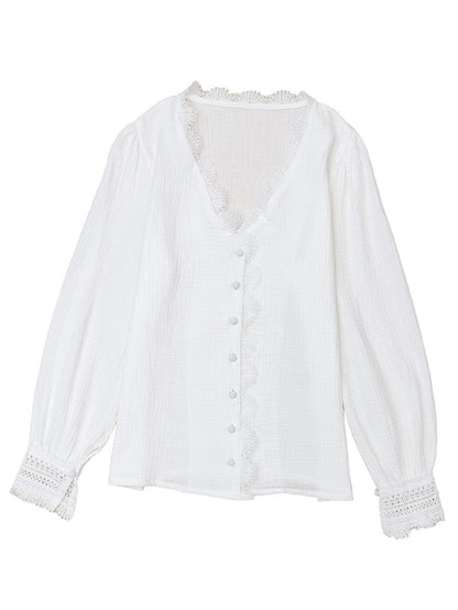 Elegant White Deep V-Neck Lace Trim Blouse