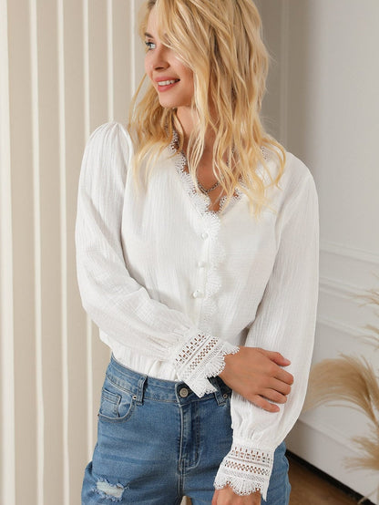Elegant White Deep V-Neck Lace Trim Blouse