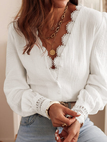 Elegant White Deep V-Neck Lace Trim Blouse