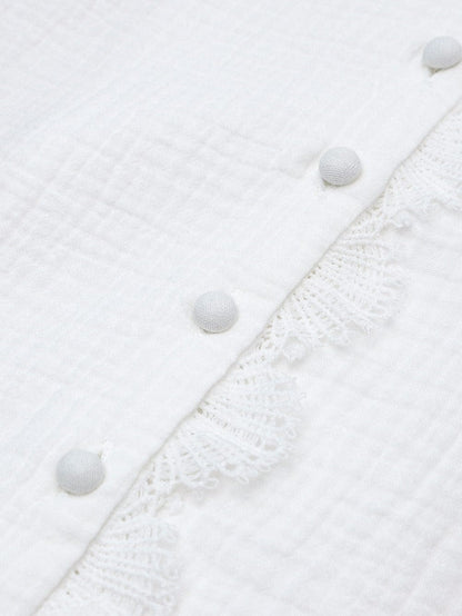 Elegant White Deep V-Neck Lace Trim Blouse