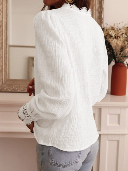 Elegant White Deep V-Neck Lace Trim Blouse
