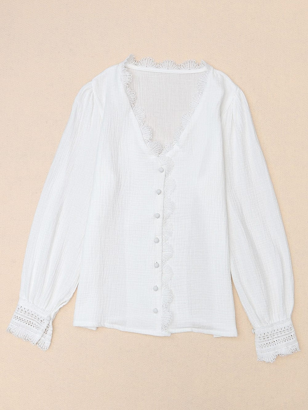 Elegant White Deep V-Neck Lace Trim Blouse