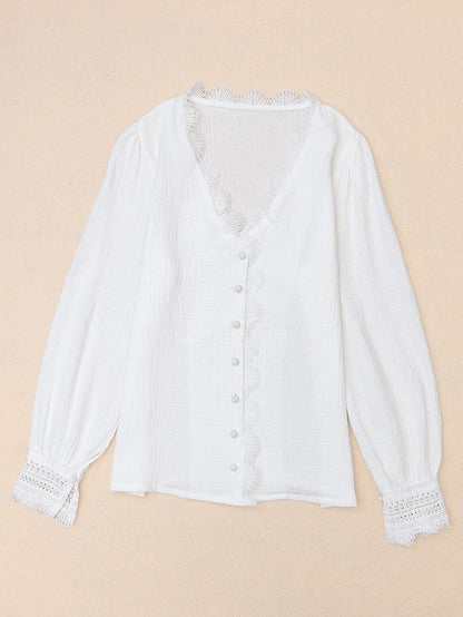 Elegant White Deep V-Neck Lace Trim Blouse