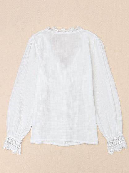 Elegant White Deep V-Neck Lace Trim Blouse