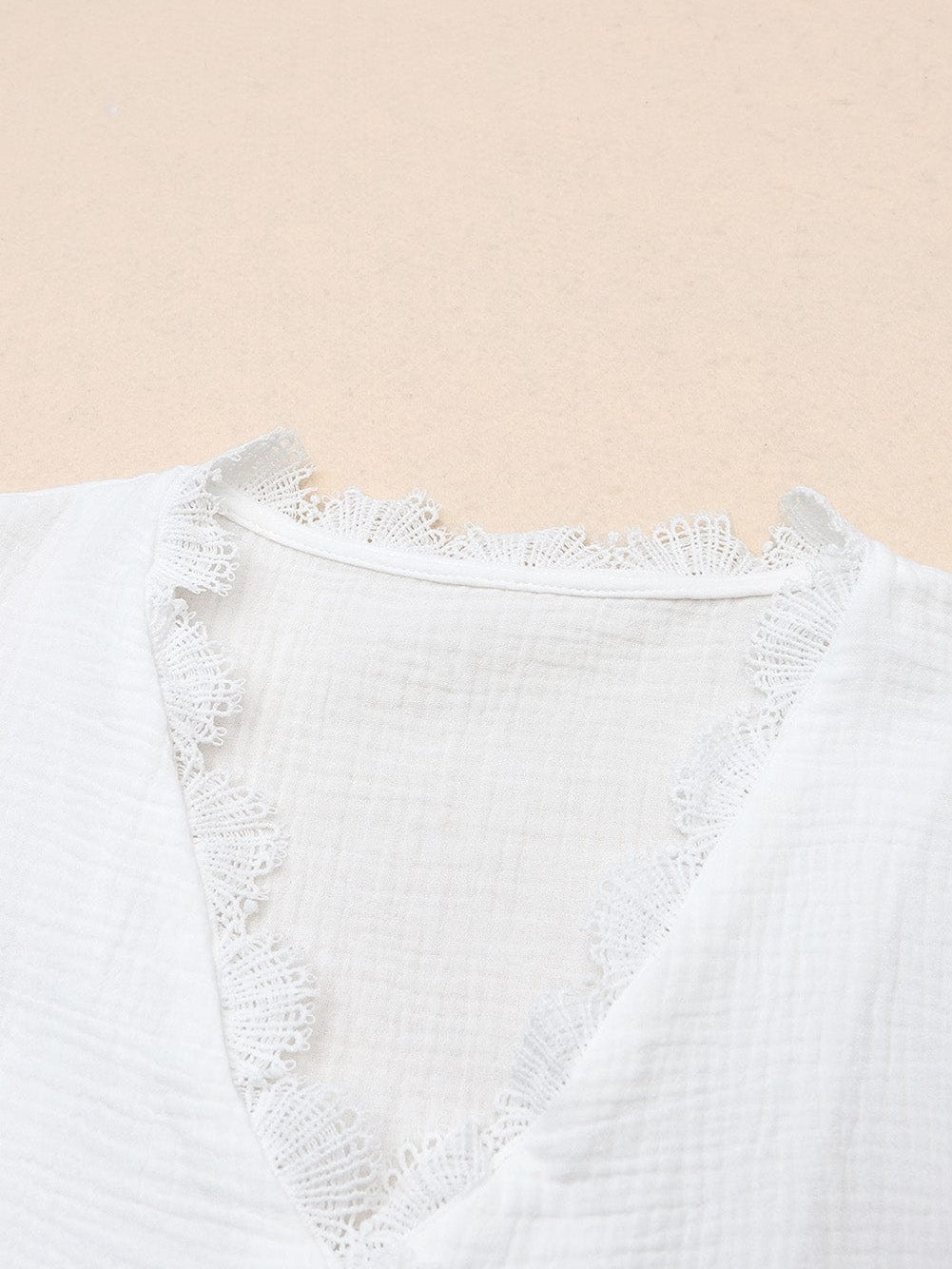 Elegant White Deep V-Neck Lace Trim Blouse