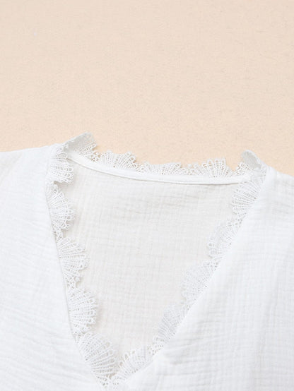 Elegant White Deep V-Neck Lace Trim Blouse