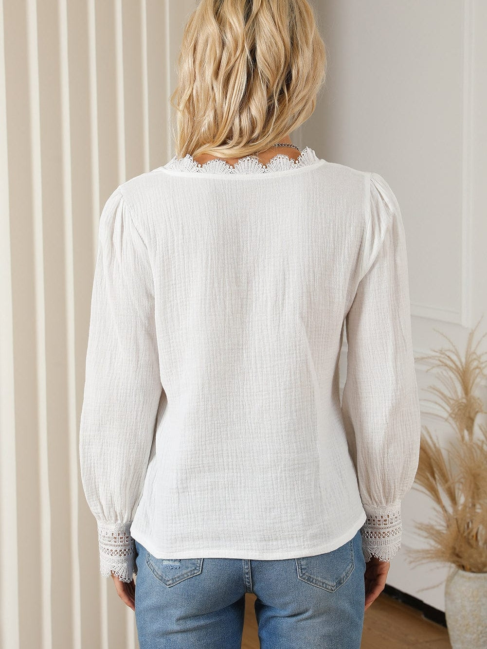 Elegant White Deep V-Neck Lace Trim Blouse