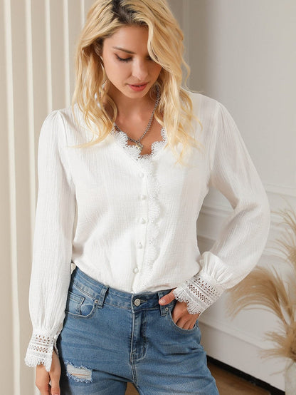 Elegant White Deep V-Neck Lace Trim Blouse