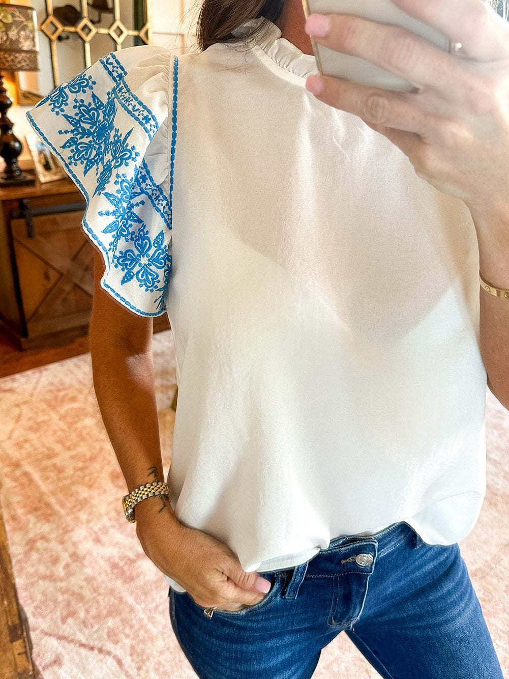 Elegant White Embroidered Frill Sleeve Cotton Top