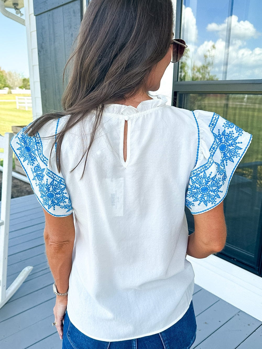 Elegant White Embroidered Frill Sleeve Cotton Top