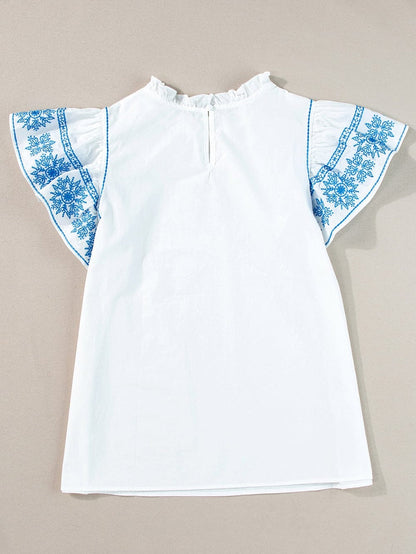 Elegant White Embroidered Frill Sleeve Cotton Top