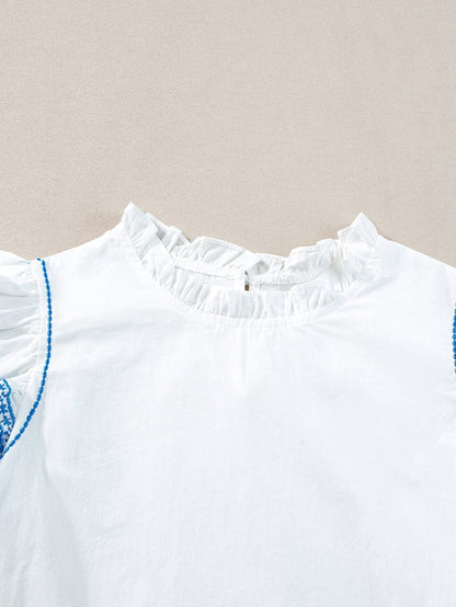 Elegant White Embroidered Frill Sleeve Cotton Top
