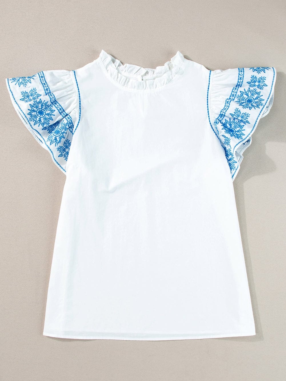 Elegant White Embroidered Frill Sleeve Cotton Top