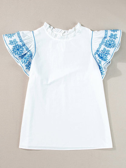 Elegant White Embroidered Frill Sleeve Cotton Top