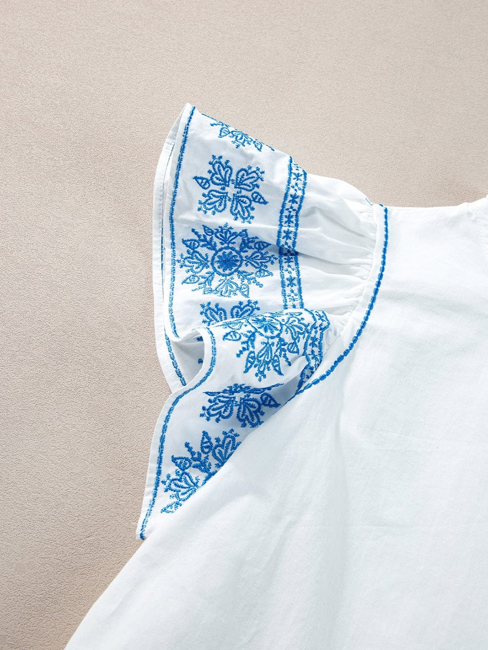 Elegant White Embroidered Frill Sleeve Cotton Top