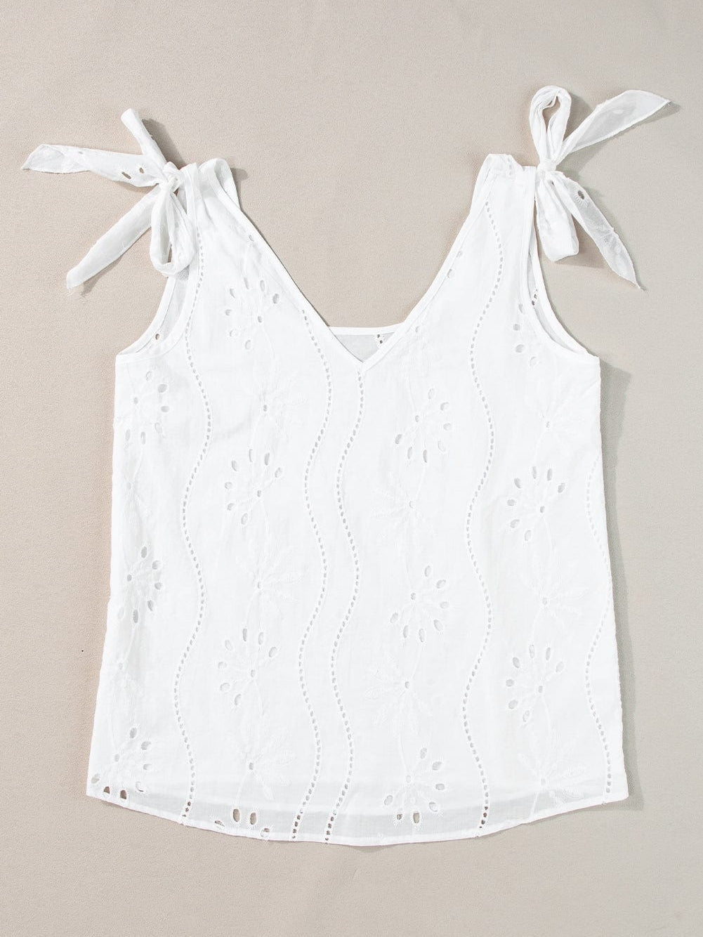 Elegant White Embroidered V-Neck Tank Top with Knotted Straps
