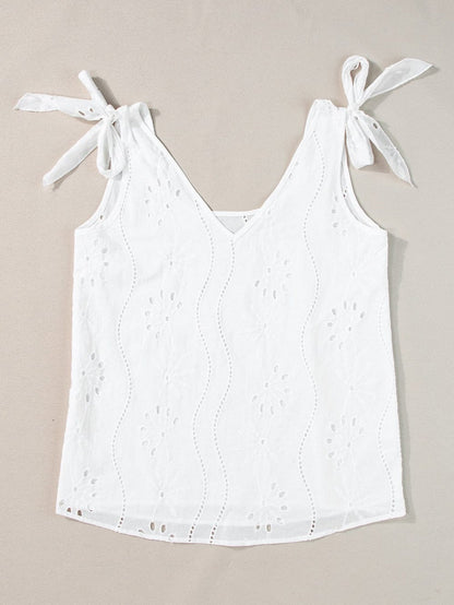 Elegant White Embroidered V-Neck Tank Top with Knotted Straps
