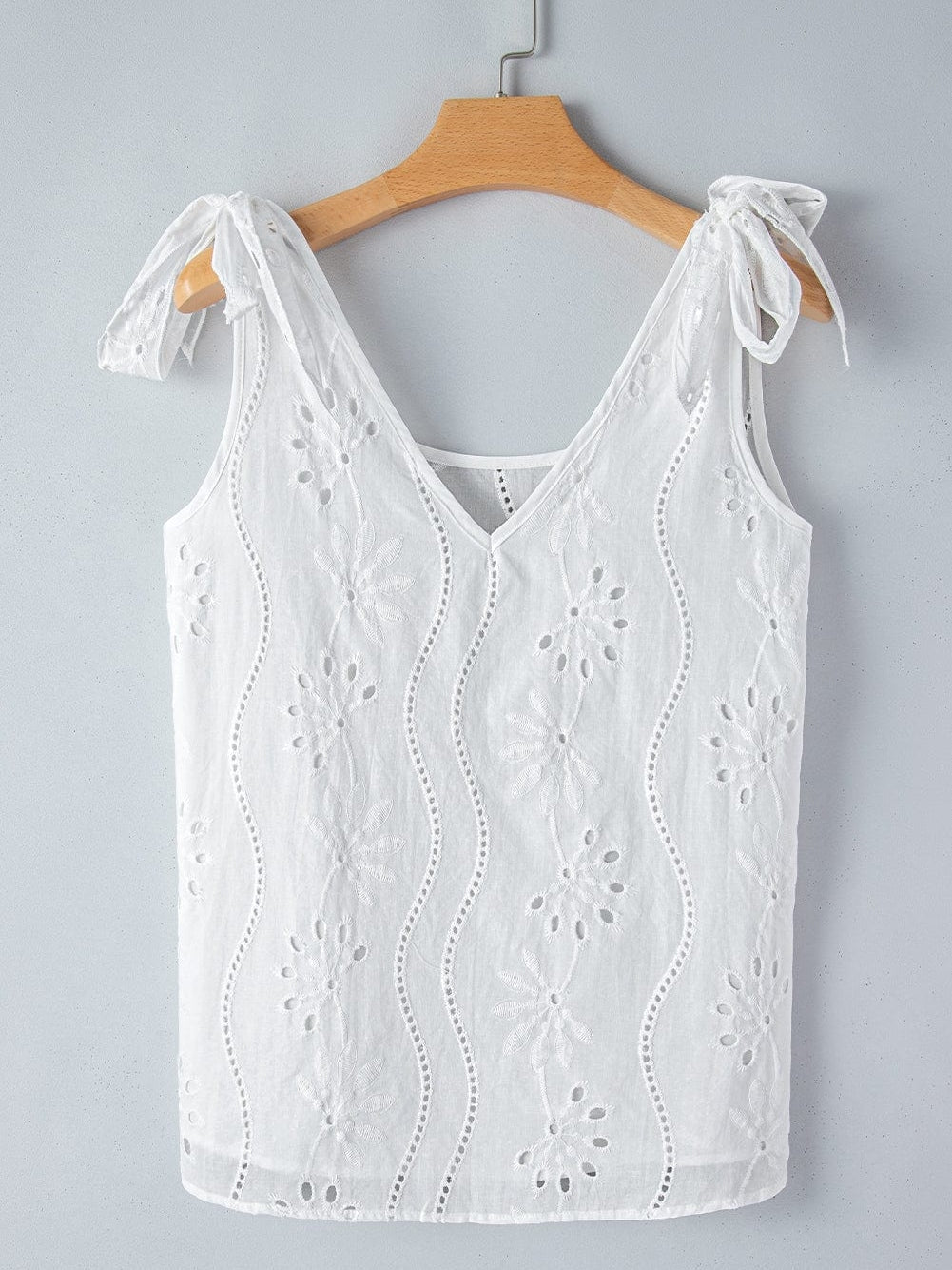 Elegant White Embroidered V-Neck Tank Top with Knotted Straps